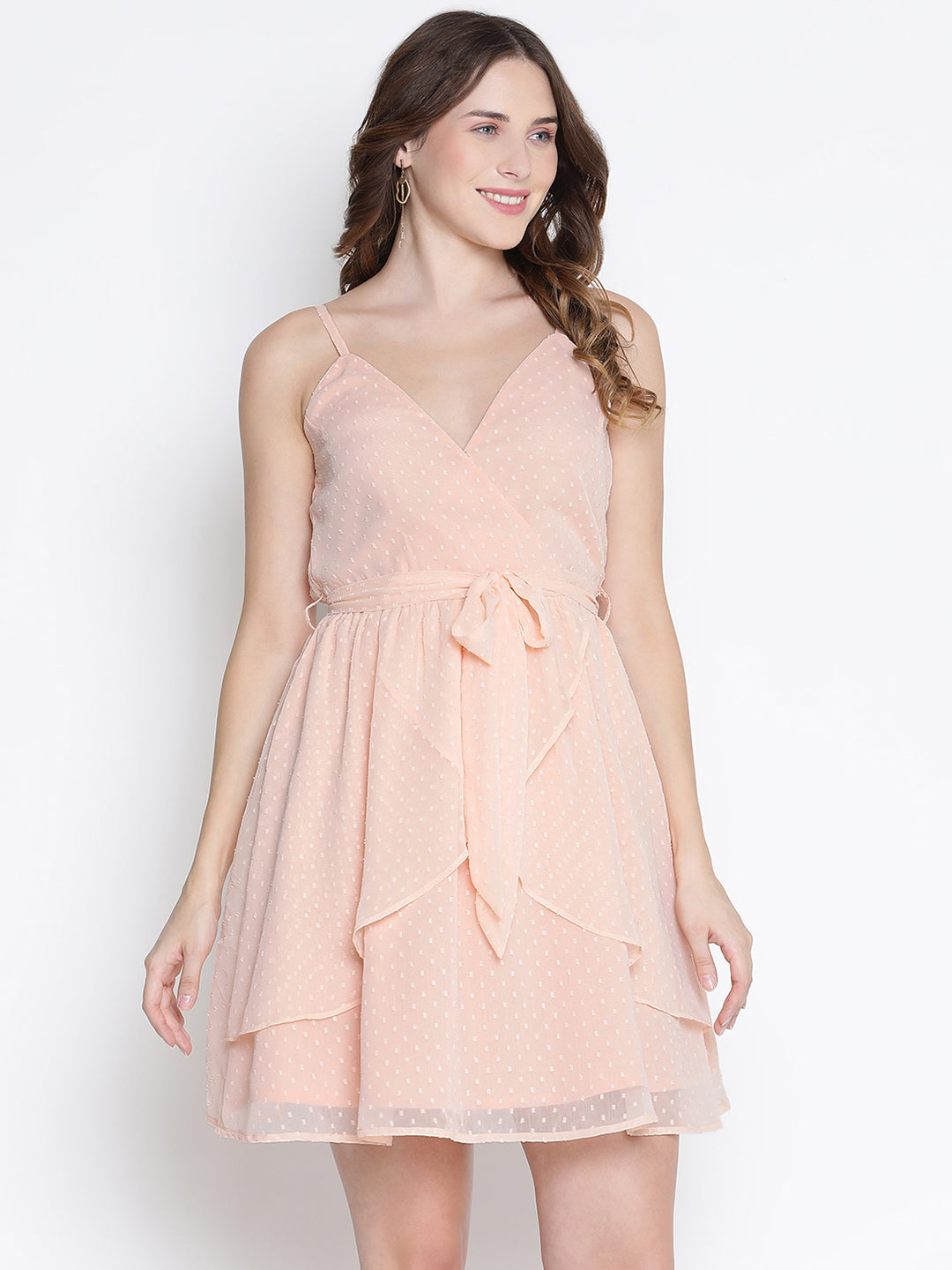 Knee Length,Peach Dress,Knee Length Dress,V-Neck Dress,Sleeveless Dress,Peach Solid Dress