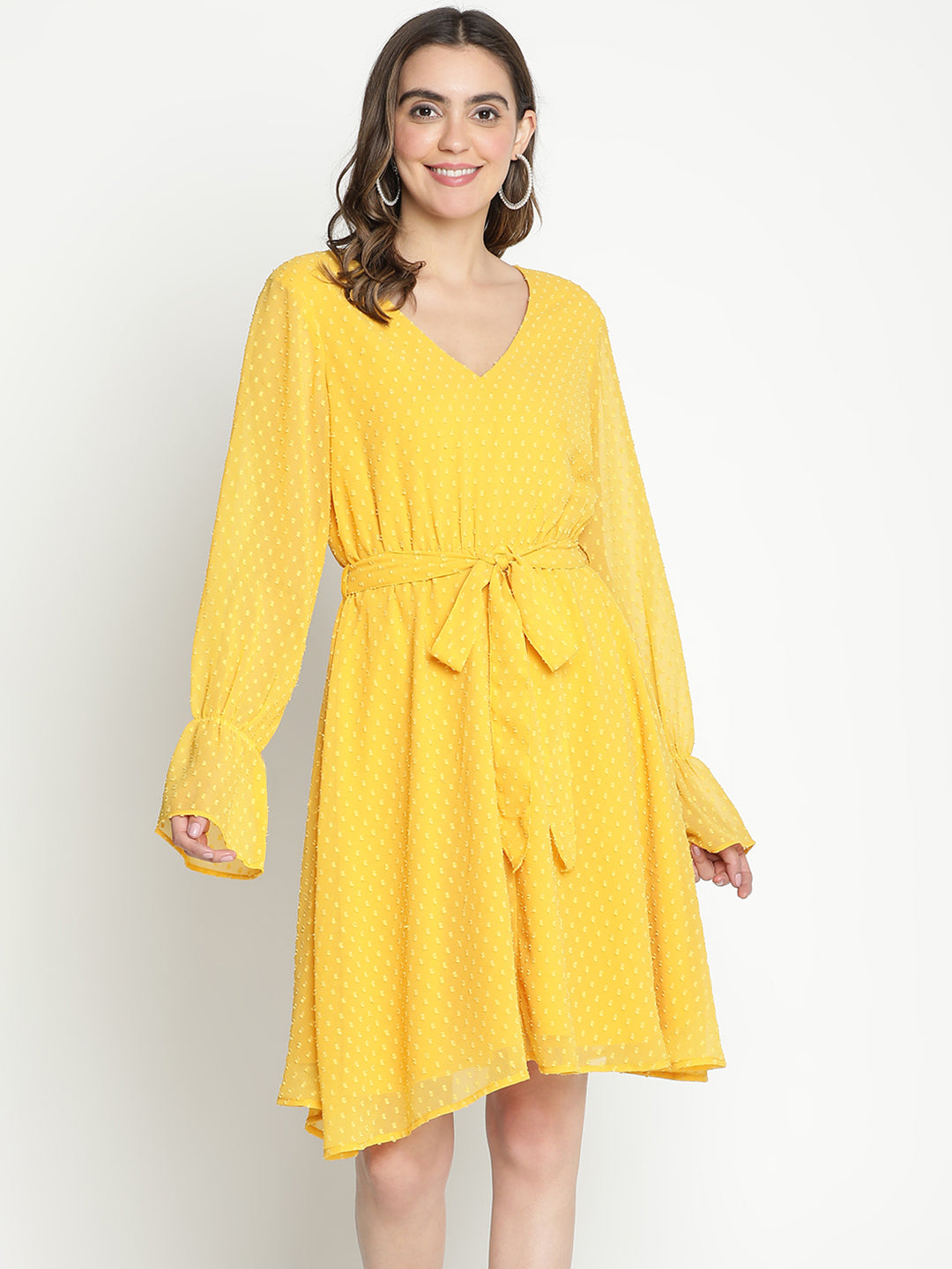 Knee Length,Yellow Dress,Knee Length Dress,V-Neck Dress,Full Sleeves Dress,Yellow Solid Dress