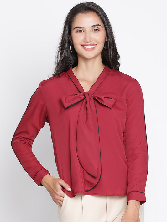 Regular,Maroon Top,Regular Top,V-Neck Top,Full Sleeves Top,Maroon Solid Top