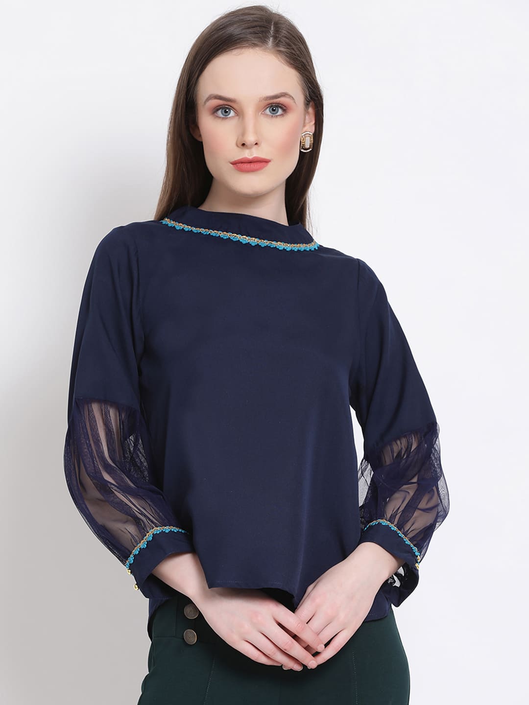 Regular,Blue Top,Regular Top,Round Neck Top,Full Sleeves Top,Blue Solid Top