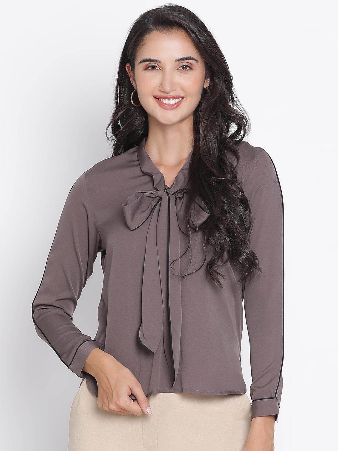 Regular,Grey Top,Regular Top,V-Neck Top,Full Sleeves Top,Grey Solid Top