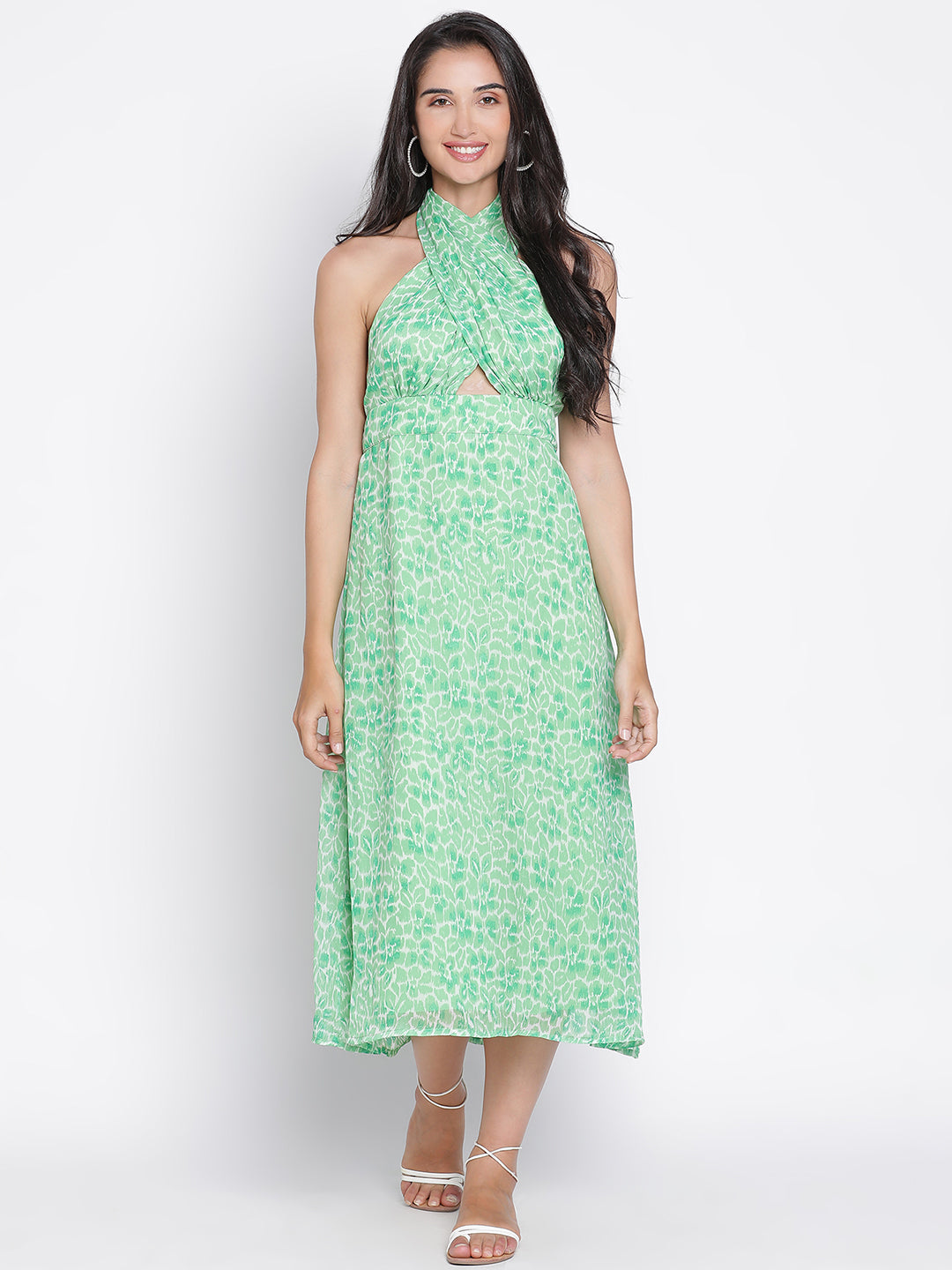 Midi,Green Dress,Midi Dress,Round Neck Dress,Sleeveless Dress,Green Floral Print Dress