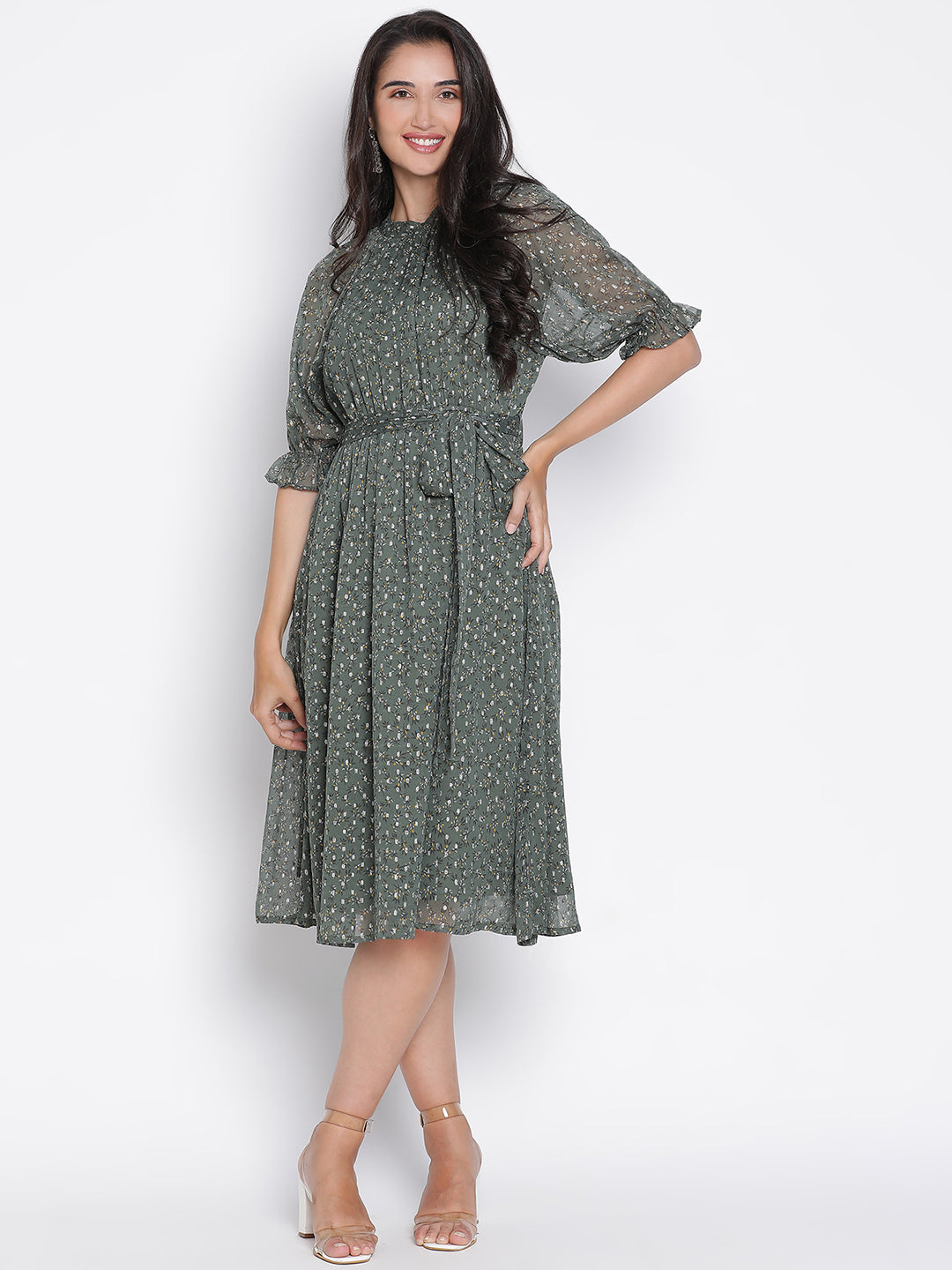 Knee Length,Green Dress,Knee Length Dress,Round Neck Dress,Short Sleeves Dress,Green Printed Dress