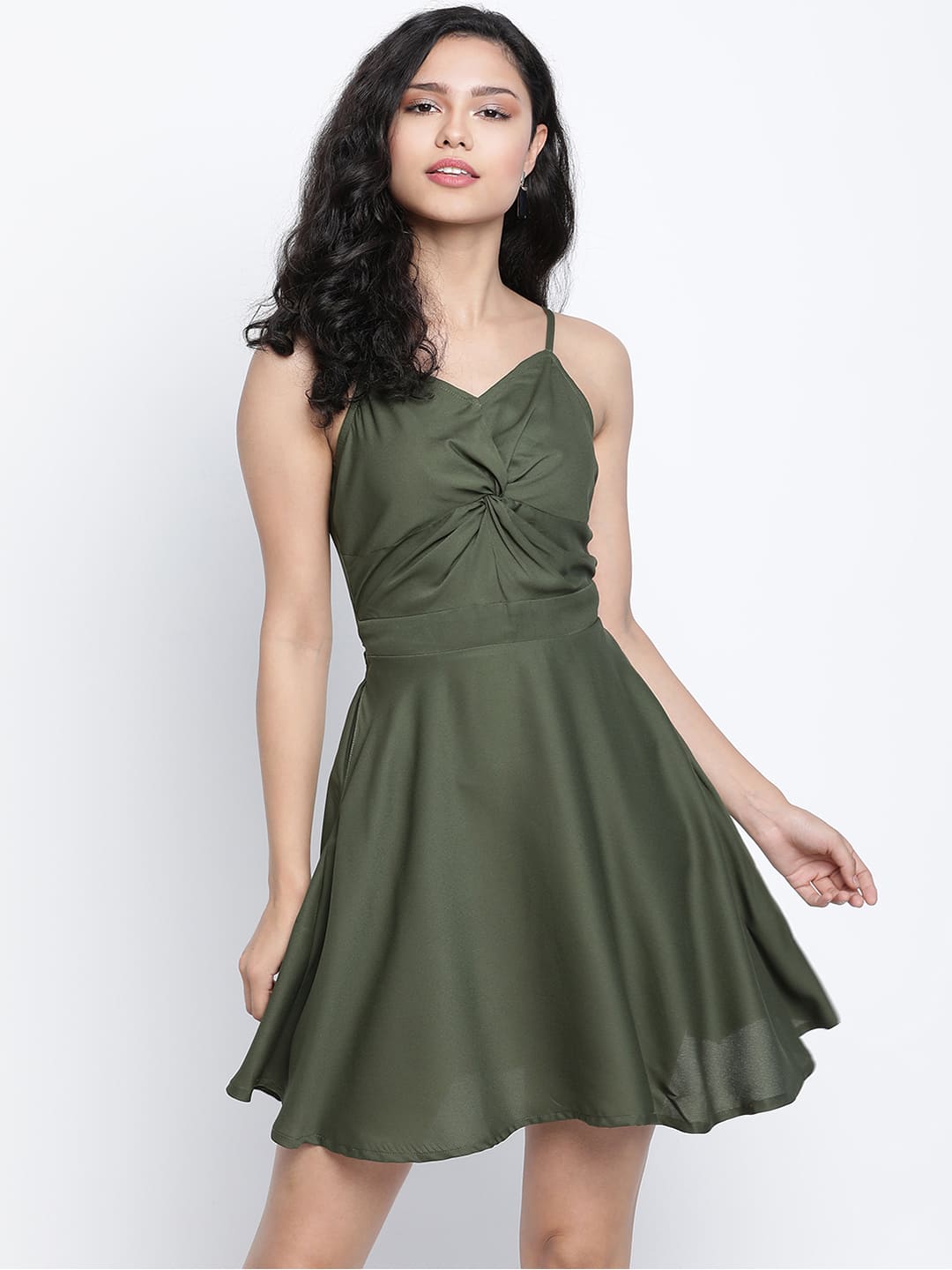 Knee Length,Green Dress,Knee Length Dress,V-Neck Dress,Sleeveless Dress,Green Solid Dress