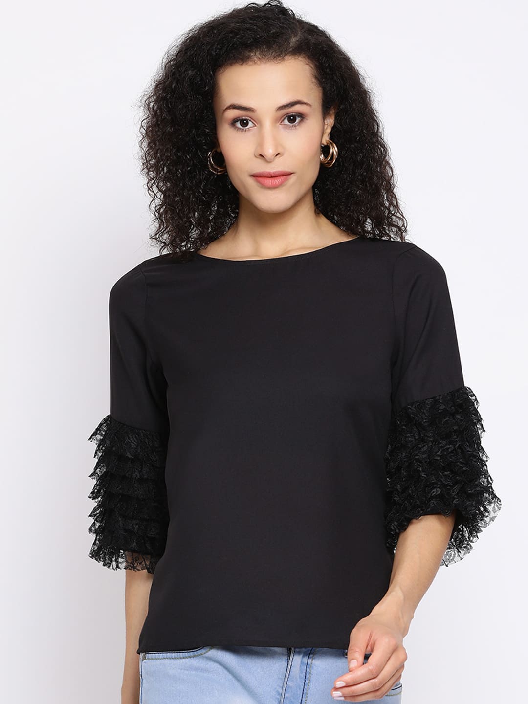 Regular,Black Top,Regular Top,Round Neck Top,Quater Sleeves Top,Black Solid Top