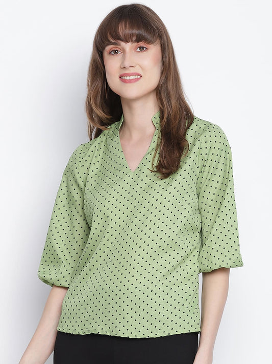 Regular,Green Top,Regular Top,V-Neck Top,Quater Sleeves Top,Green Polka Dots Top