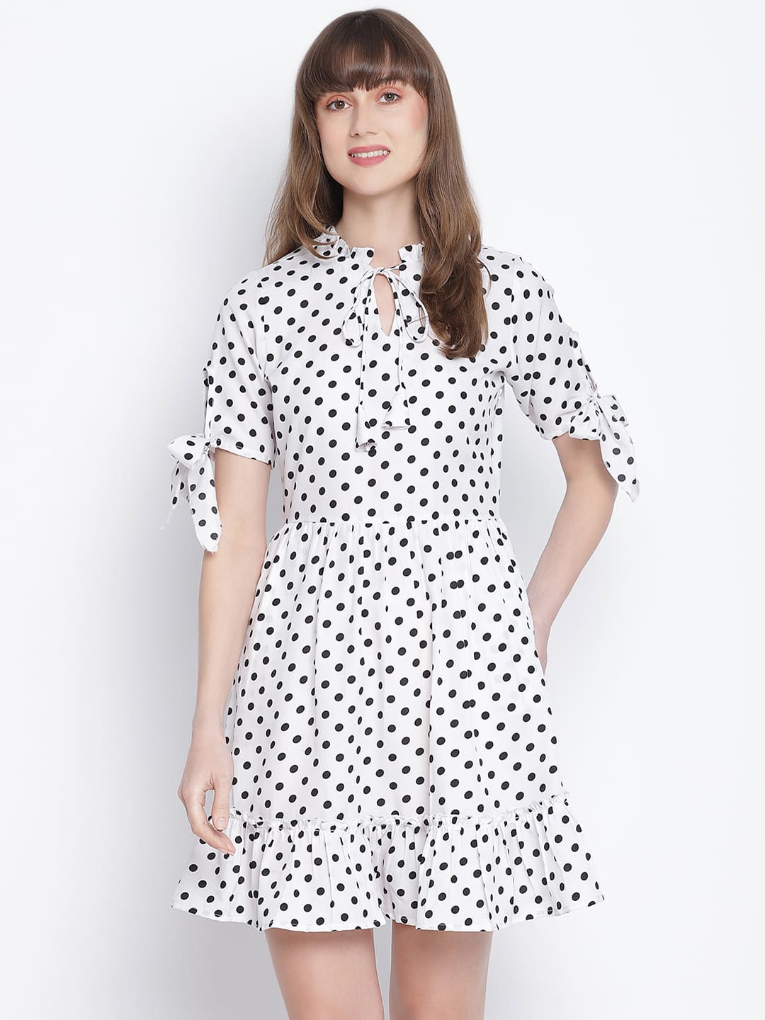 Knee Length,White Dress,Knee Length Dress,Round Neck Dress,Short Sleeves Dress,White Polka Dots Dress