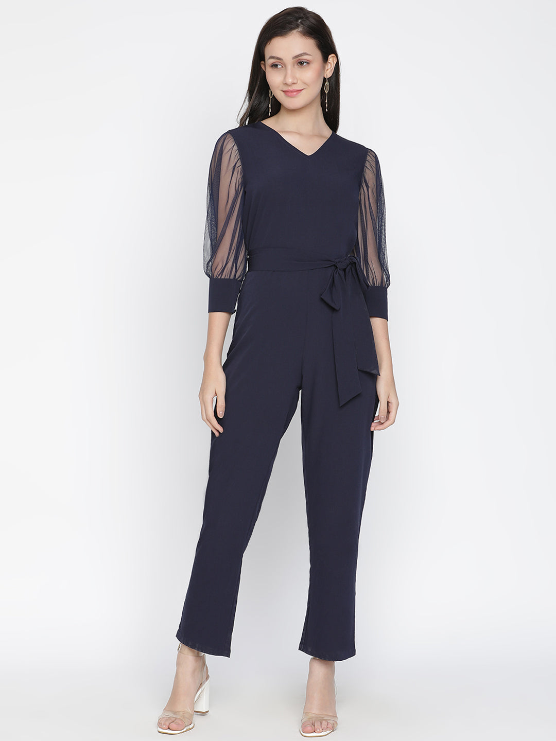 Ankle Length,Blue Jumpsuit,Ankle Length Jumpsuit,V-Neck Jumpsuit,Quater Sleeves Jumpsuit,Blue Solid Jumpsuit