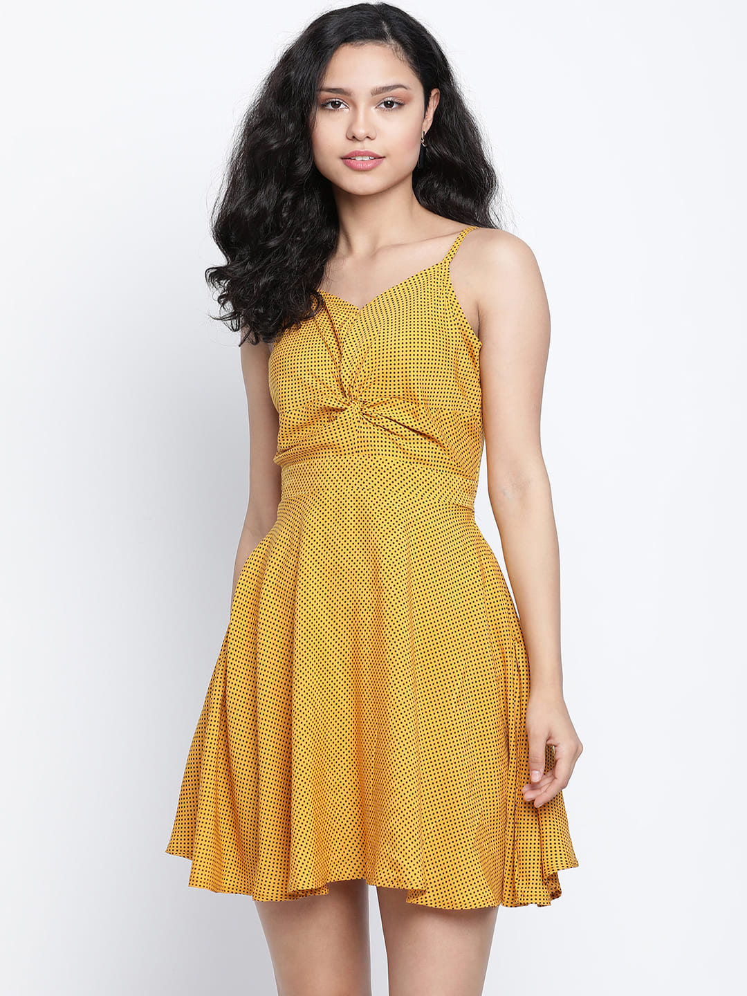 Knee Length,Yellow Dress,Knee Length Dress,V-Neck Dress,Sleeveless Dress,Yellow Polka Dots Dress