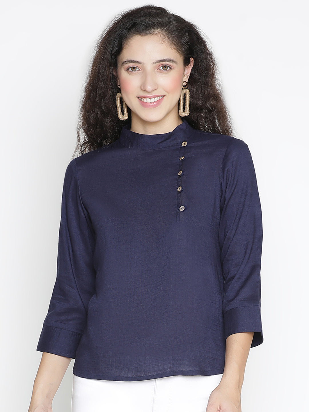 Regular,Blue Top,Regular Top,Collared Neck Top,Quater Sleeves Top,Blue Solid Top