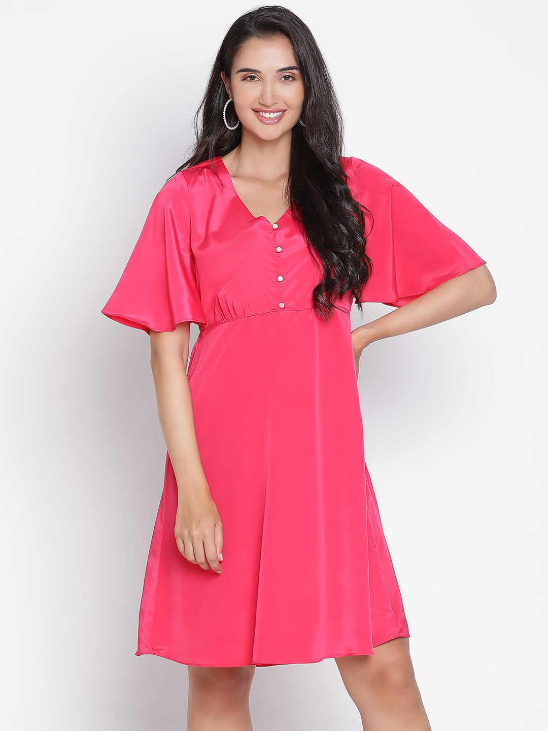 Knee Length,Pink Dress,Knee Length Dress,V-Neck Dress,Short Sleeves Dress,Pink Solid Dress