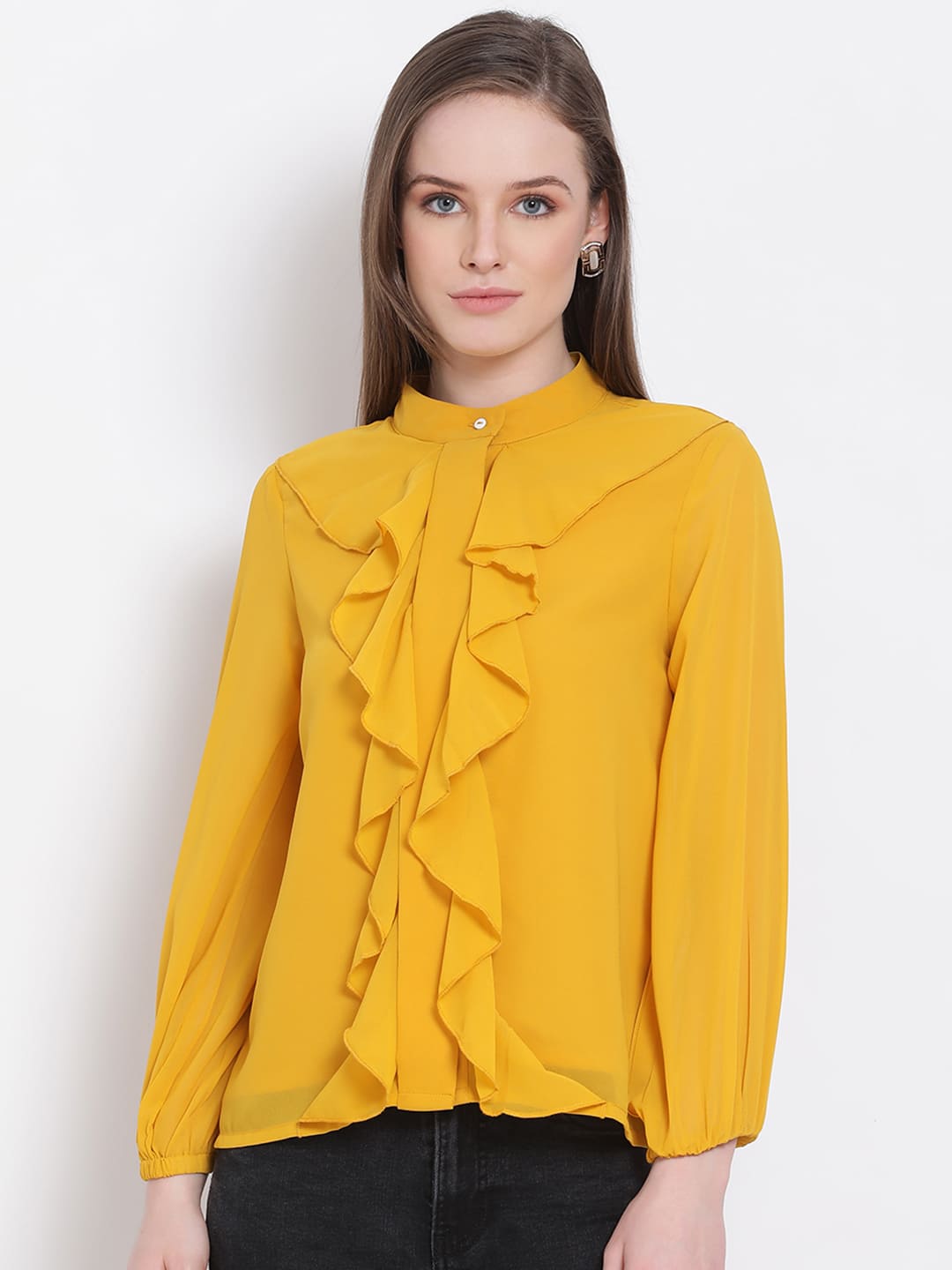 Regular,Yellow Top,Regular Top,Round Neck Top,Full Sleeves Top,Yellow Solid Top