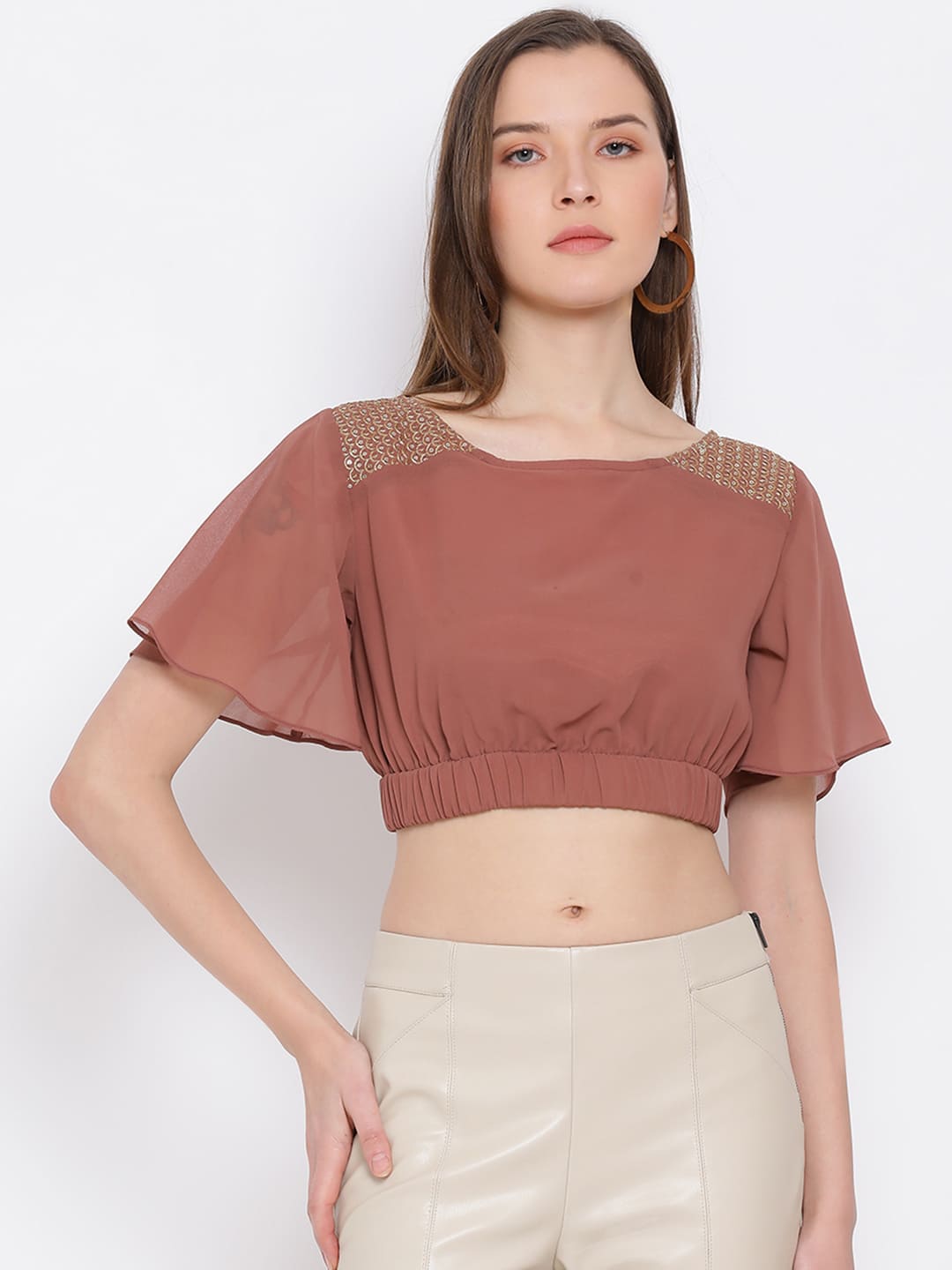 Crop Top,Brown Top,Crop Top,Round Neck Top,Short Sleeves Top,Brown Solid Top