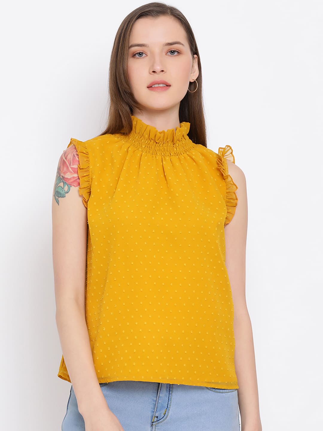 Regular,Yellow Top,Regular Top,Round Neck Top,Sleeveless Top,Yellow Solid Top