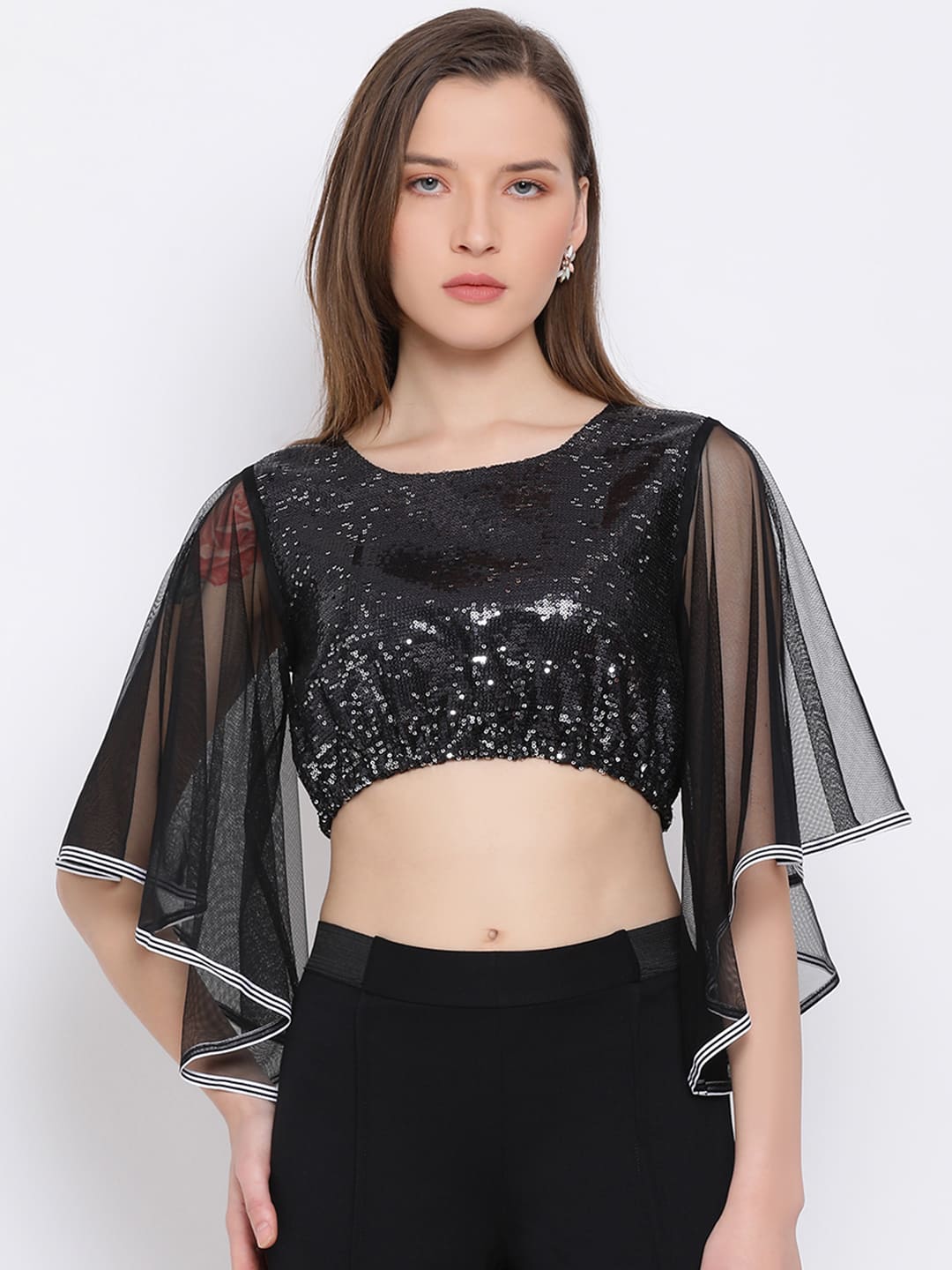 Crop Top,Black Top,Crop Top,Round Neck Top,Quater Sleeves Top,Black Sequined Top