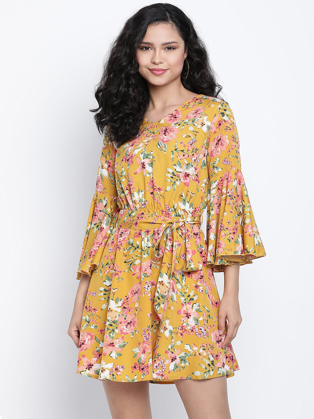 Knee Length,Yellow Dress,Knee Length Dress,V-Neck Dress,Quater Sleeves Dress,Yellow Floral Print Dress