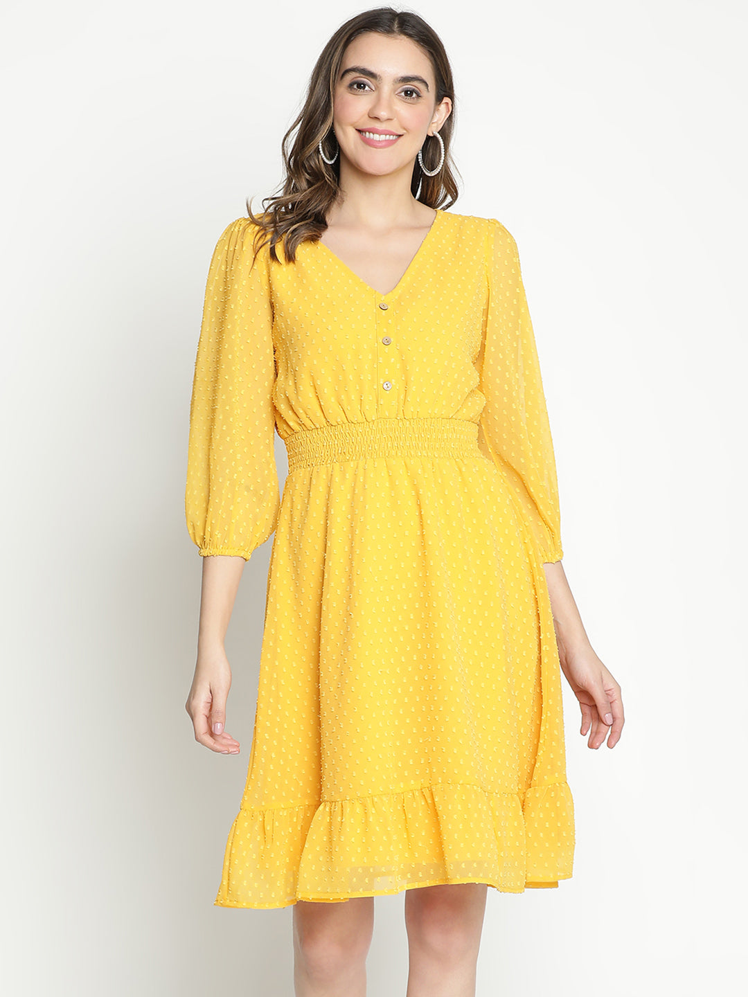 Knee Length,Yellow Dress,Knee Length Dress,V-Neck Dress,Quater Sleeves Dress,Yellow Solid Dress