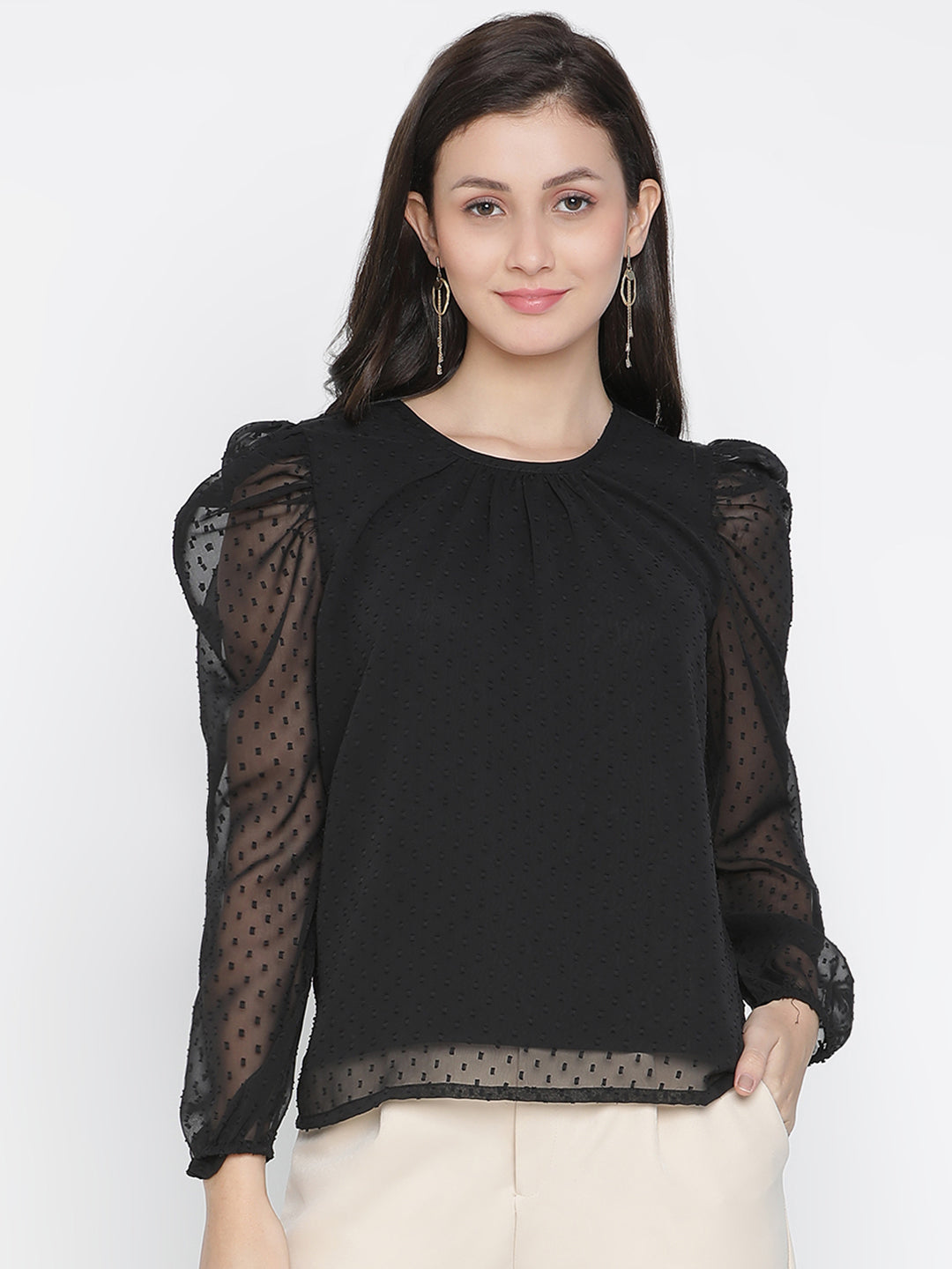 Regular,Black Top,Regular Top,Round Neck Top,Full Sleeves Top,Black Solid Top