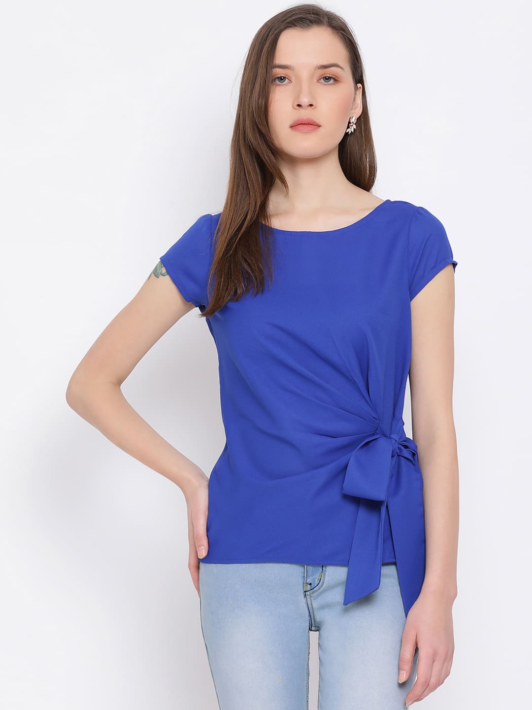 Regular,Blue Top,Regular Top,Round Neck Top,Short Sleeves Top,Blue Solid Top