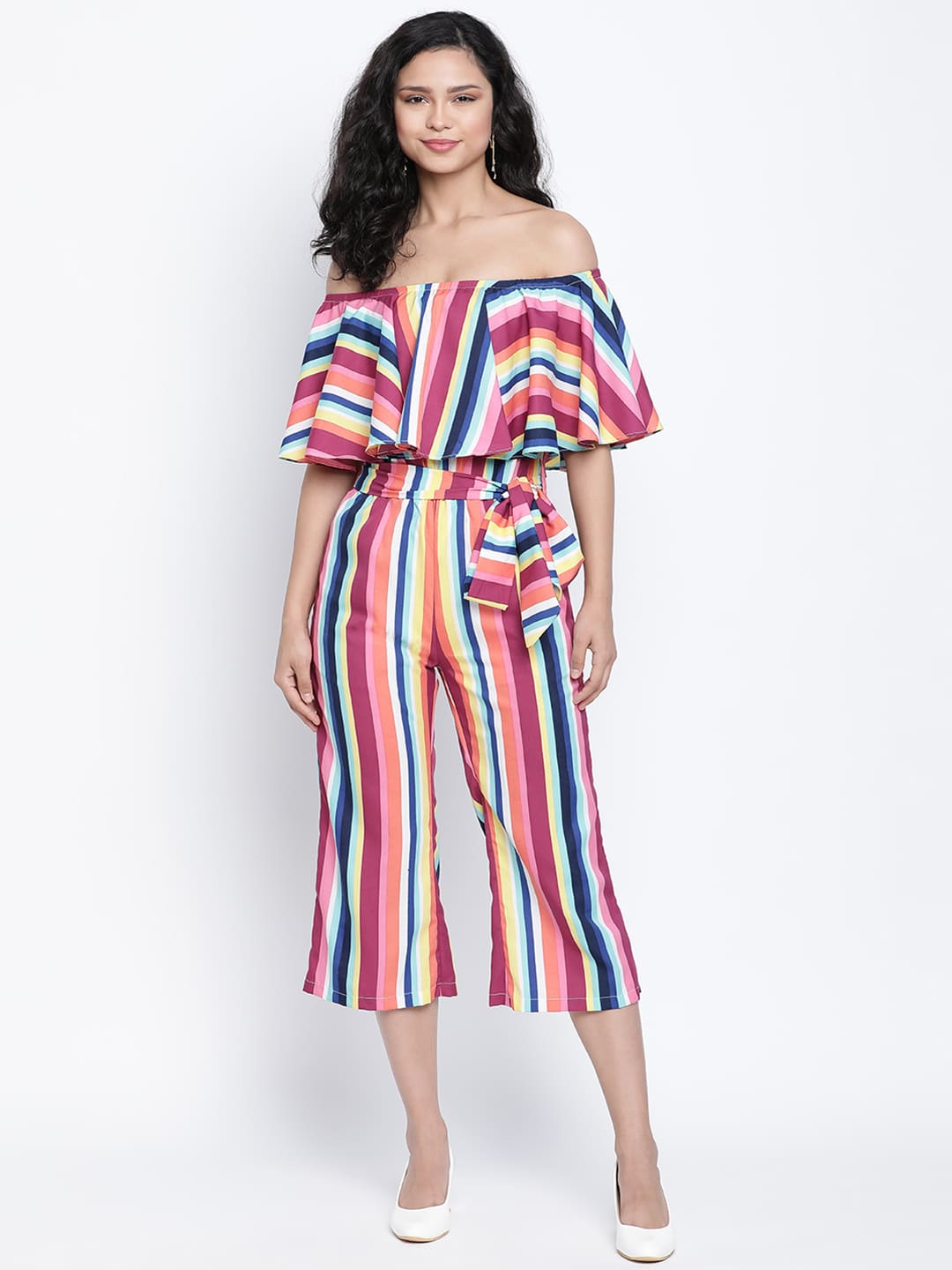 Ankle Length,Multicolor Jumpsuit,Ankle Length Jumpsuit,Off Shoulder Jumpsuit,Sleeveless Jumpsuit,Multi Stripes Jumpsuit