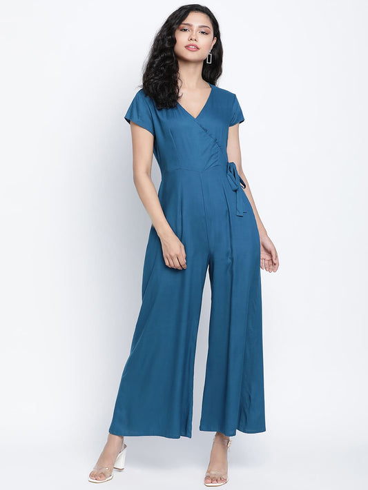 Ankle Length,Blue Jumpsuit,Ankle Length Jumpsuit,V-Neck Jumpsuit,Short Sleeves Jumpsuit,Blue Solid Jumpsuit