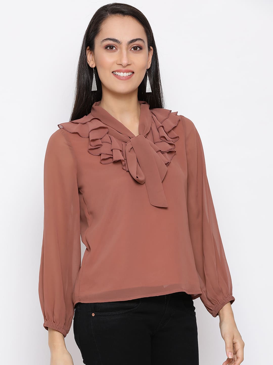 Regular,Brown Top,Regular Top,V-Neck Top,Full Sleeves Top,Brown Solid Top