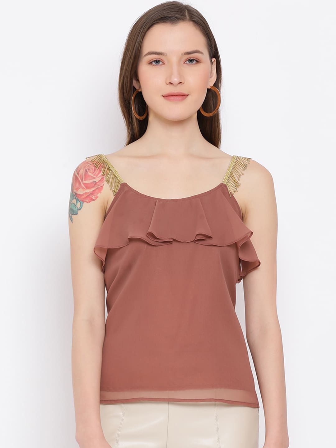 Spaghetti Top,Brown Top,Spaghetti Top,Round Neck Top,Sleeveless Top,Brown Solid Top