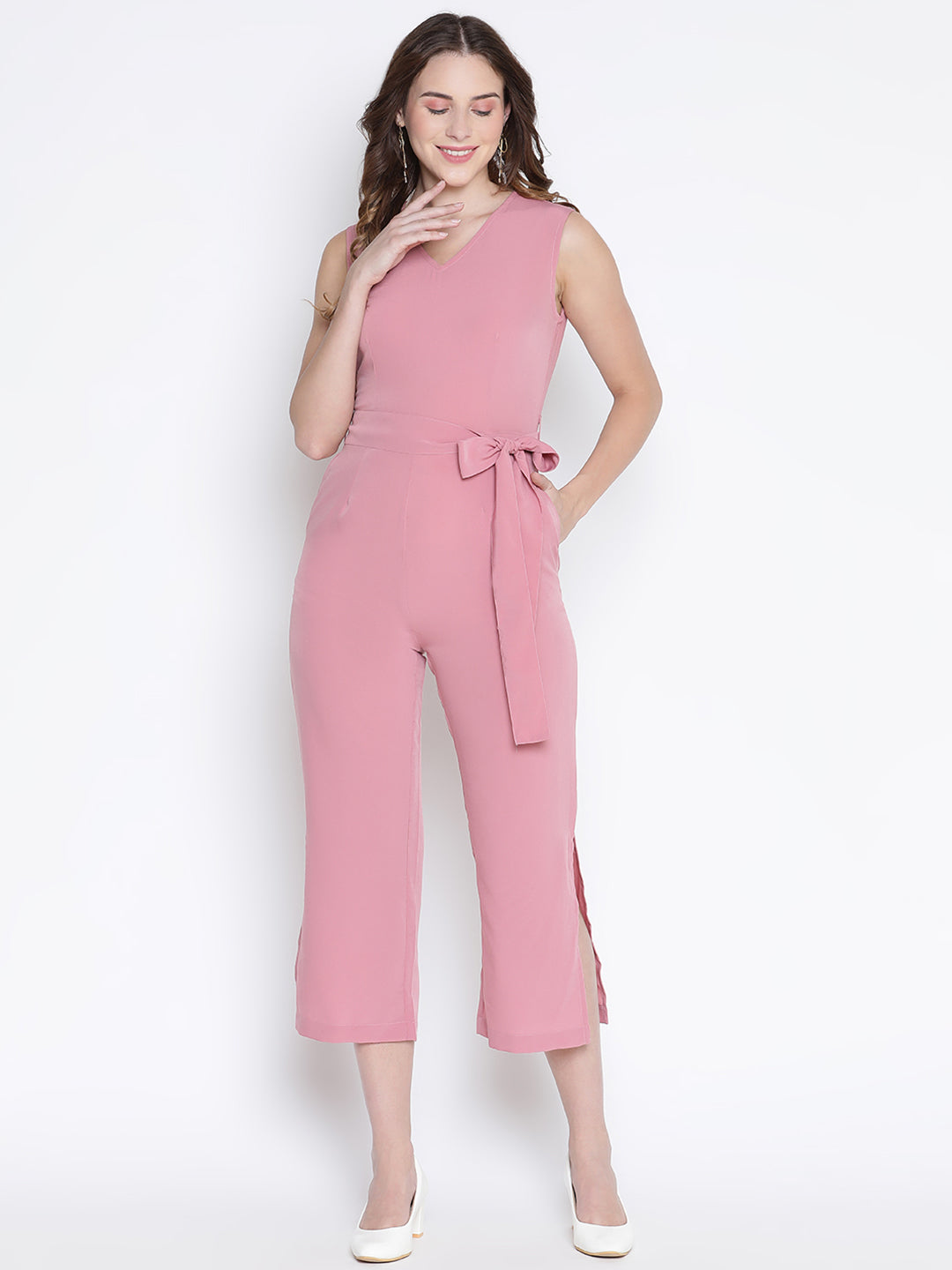 Ankle Length,Pink Jumpsuit,Ankle Length Jumpsuit,V-Neck Jumpsuit,Sleeveless Jumpsuit,Pink Solid Jumpsuit