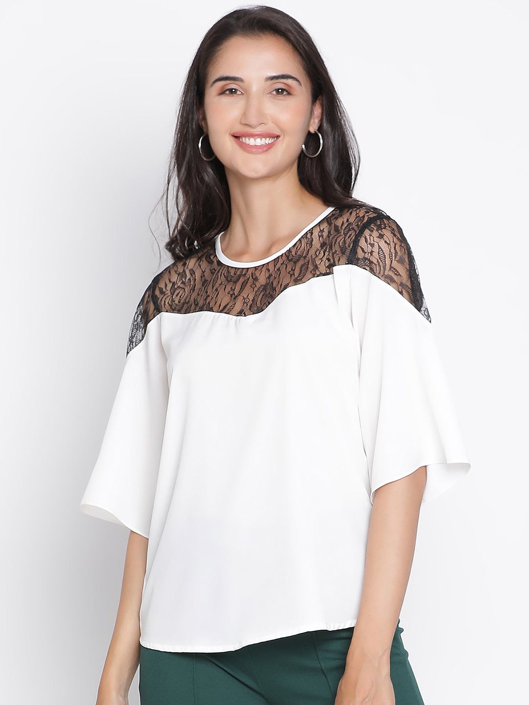 Regular,White Top,Regular Top,Round Neck Top,Quater Sleeves Top,White Solid Top