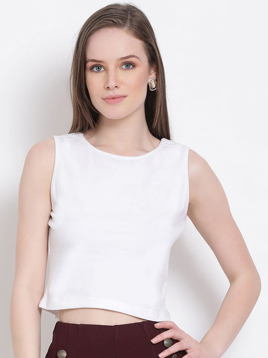 Crop Top,White Top,Crop Top,Round Neck Top,Sleeveless Top,White Solid Top