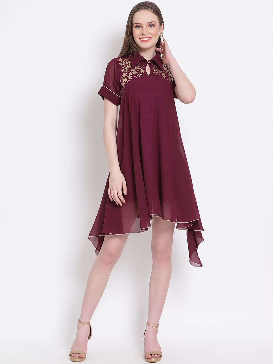 Above Knee,Maroon Dress,Above Knee Dress,Collared Neck Dress,Short Sleeves Dress,Maroon Embellished Dress