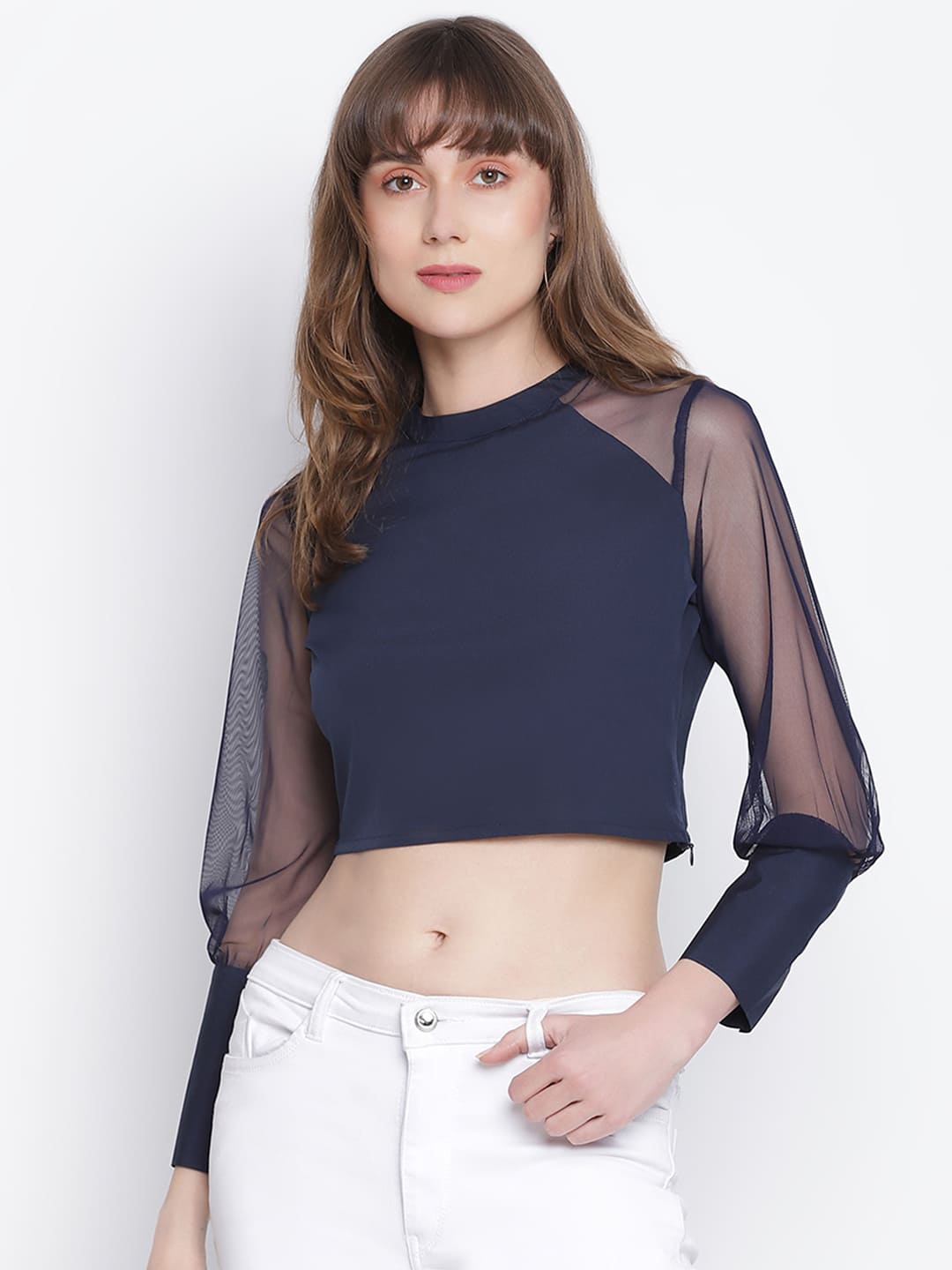 Crop Top,Blue Top,Crop Top,Round Neck Top,Full Sleeves Top,Blue Solid Top