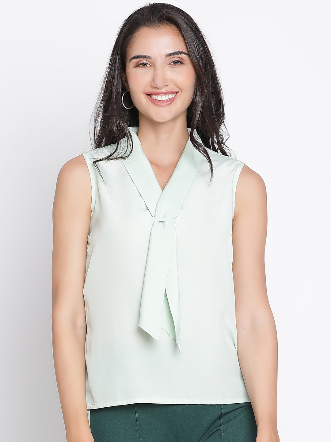 Regular,Green Top,Regular Top,V-Neck Top,Sleeveless Top,Green Solid Top