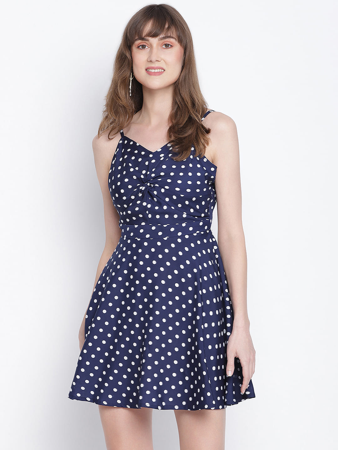 Knee Length,Blue Dress,Knee Length Dress,V-Neck Dress,Sleeveless Dress,Blue Polka Dot Dress