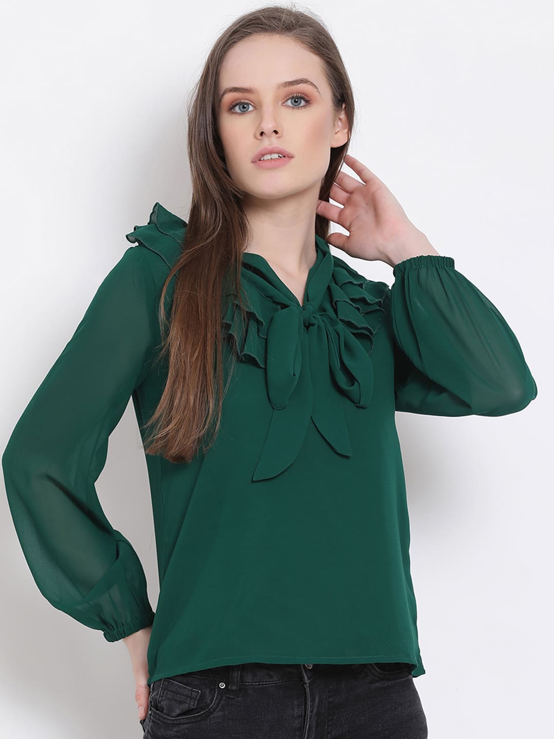 Regular,Green Top,Regular Top,V-Neck Top,Full Sleeves Top,Green Solid Top