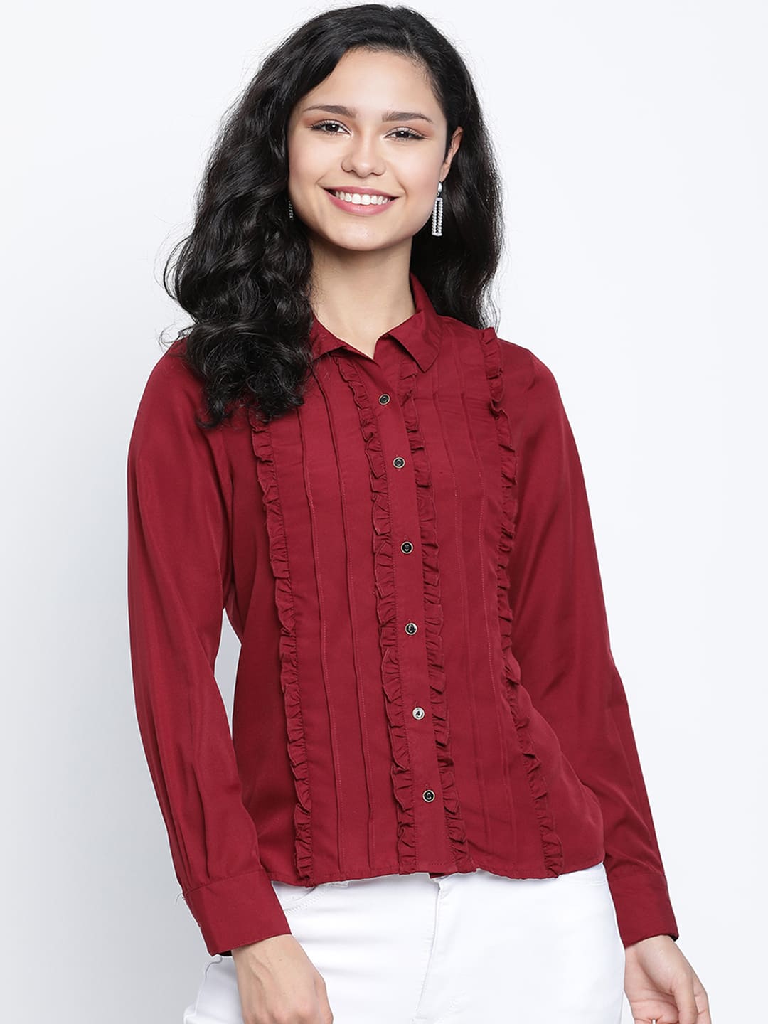 Regular,Maroon Top,Regular Top,Collared Neck Top,Full Sleeves Top,Maroon Solid Top