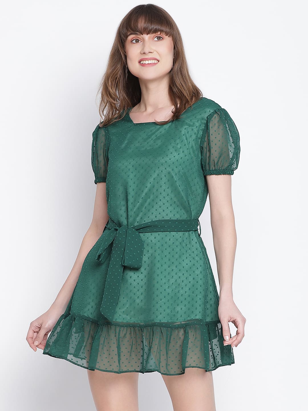 Above Knee,Green Dress,Above Knee Dress,Round Neck Dress,Short Sleeves Dress,Green Solid Dress