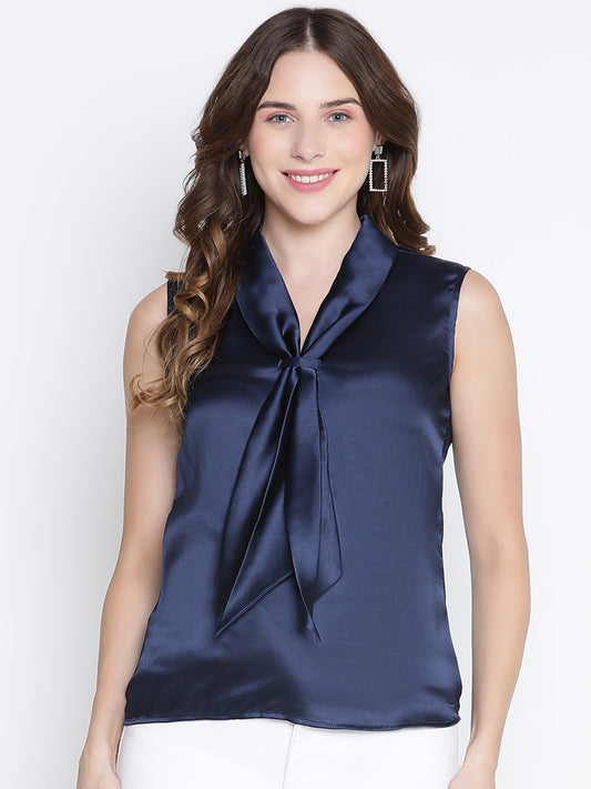 Regular,Blue Top,Regular Top,V-Neck Top,Sleeveless Top,Blue Solid Top