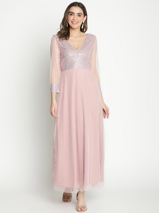 Maxi,Pink Dress,Maxi Dress,V-Neck Dress,Full Sleeves Dress,Pink Sequined Dress