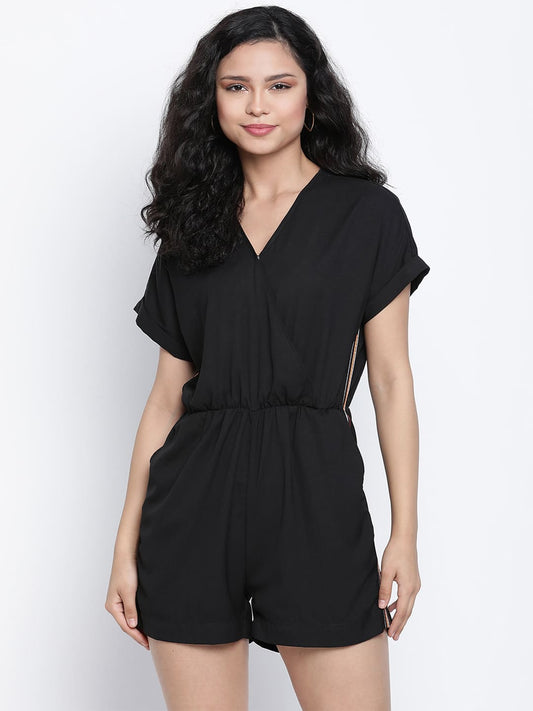 Short,Black Jumpsuit,Short Jumpsuit,V-Neck Jumpsuit,Short Sleeves Jumpsuit,Black Solid Jumpsuit