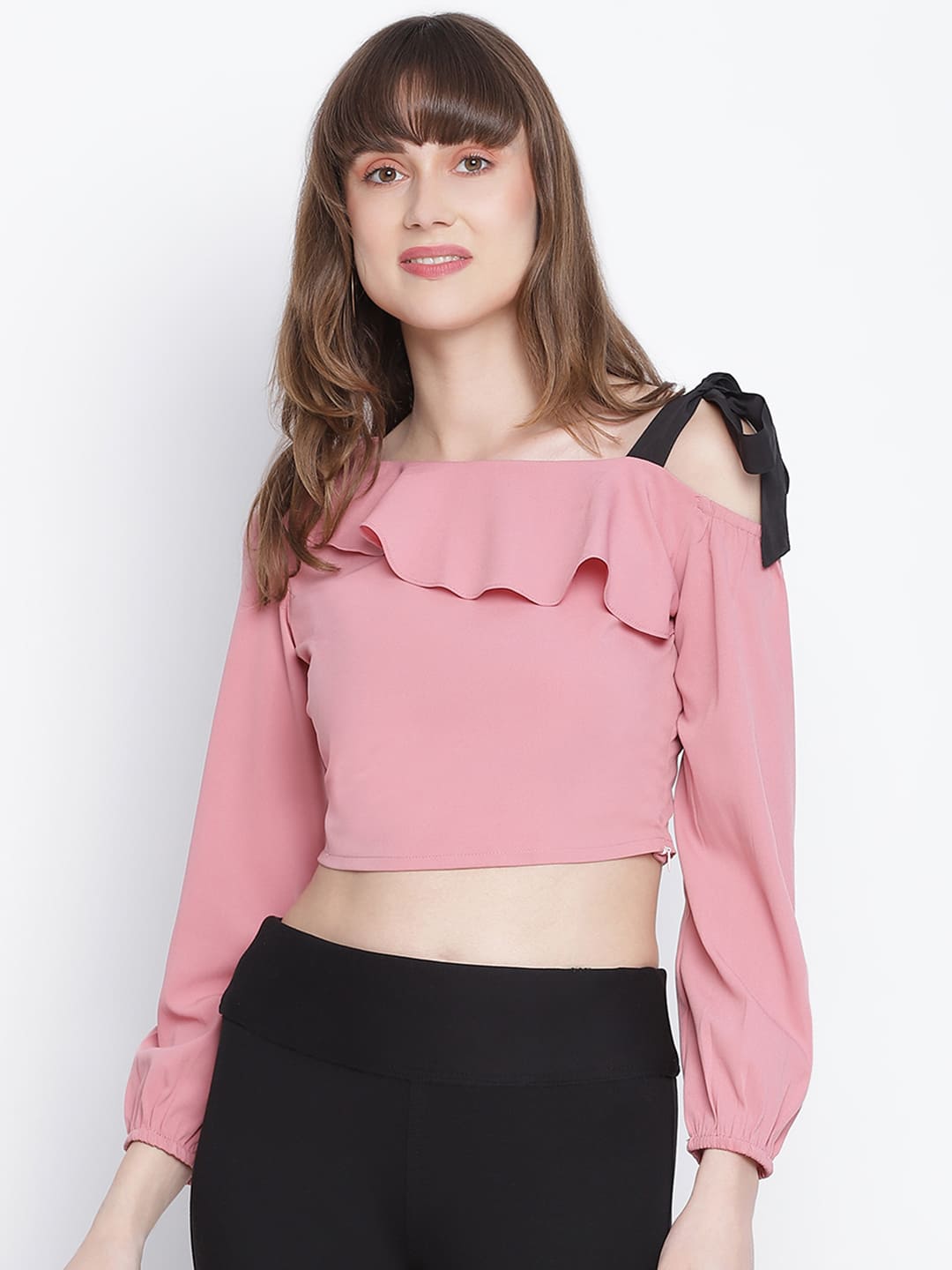 Crop Top,Pink Top,Crop Top,Cold Shoulder Top,Full Sleeves Top,Pink Solid Top