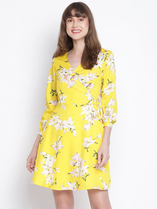 Knee Length,Yellow Dress,Knee Length Dress,V-Neck Dress,Quater Sleeves Dress,Yellow Floral Print Dress