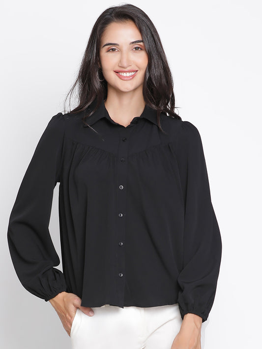 Regular,Black Top,Regular Top,Collared Neck Top,Full Sleeves Top,Black Solid Top