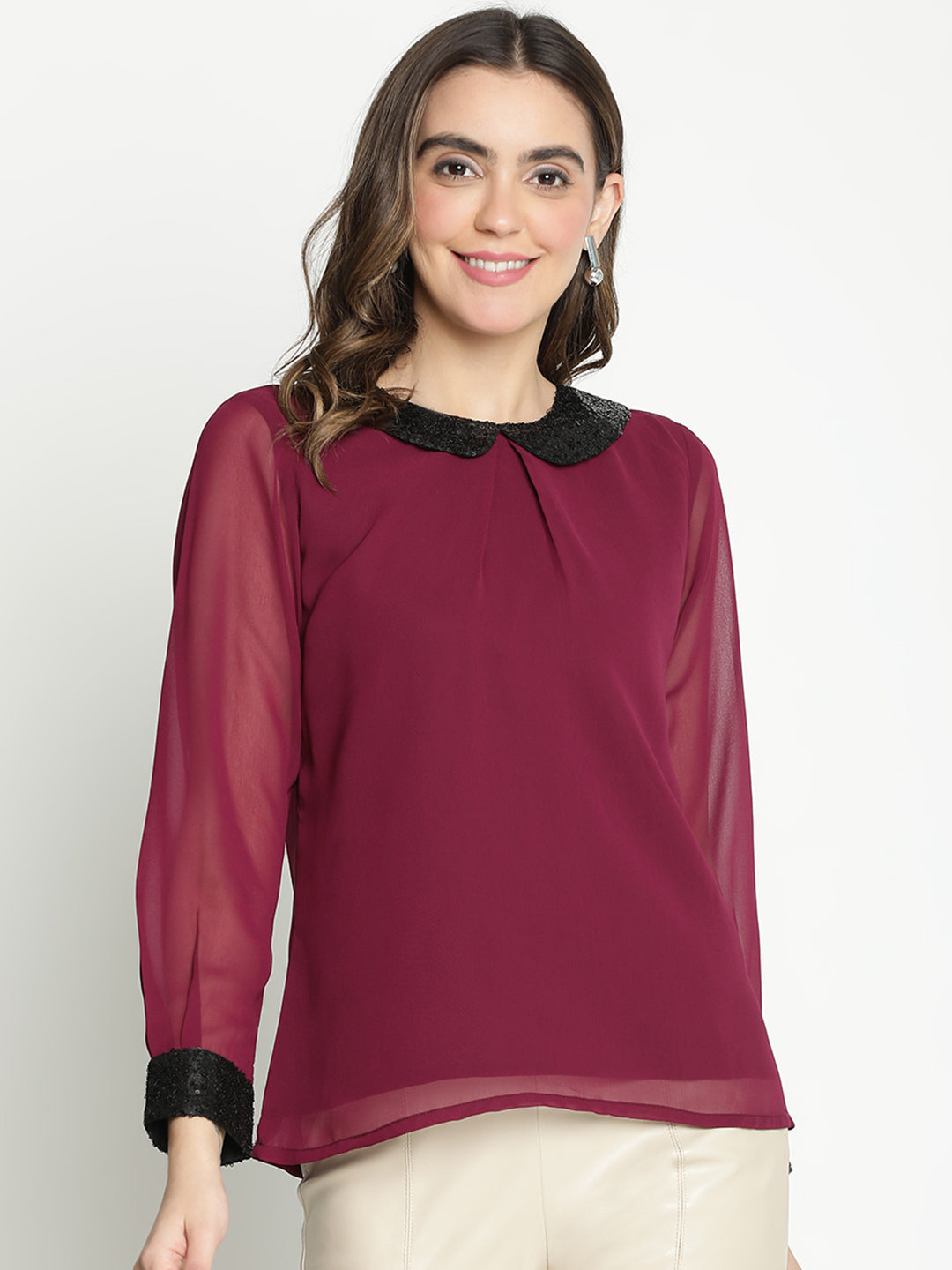 Regular,Maroon Top,Regular Top,Collared Neck Top,Full Sleeves Top,Maroon Solid Top