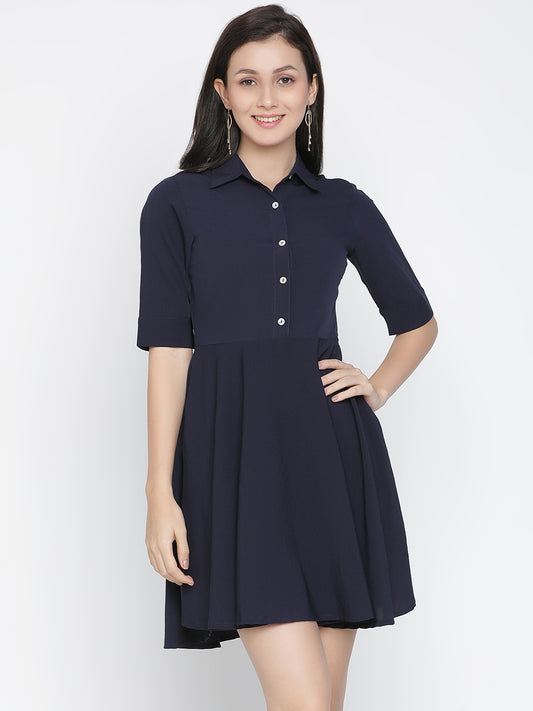 Knee Length,Blue Dress,Knee Length Dress,Collared Neck Dress,Short Sleeves Dress,Blue Solid Dress