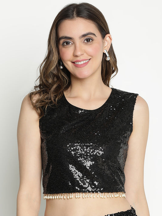 Crop Top,Black Top,Crop Top,Round Neck Top,Sleeveless Top,Black Sequined Top