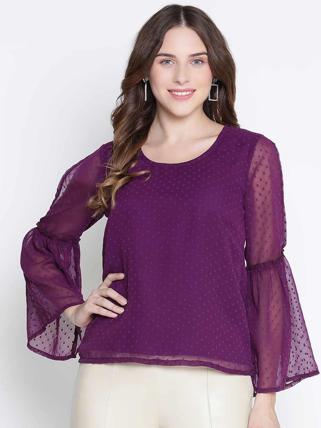 Regular,Purple Top,Regular Top,Round Neck Top,Full Sleeves Top,Purple Solid Top