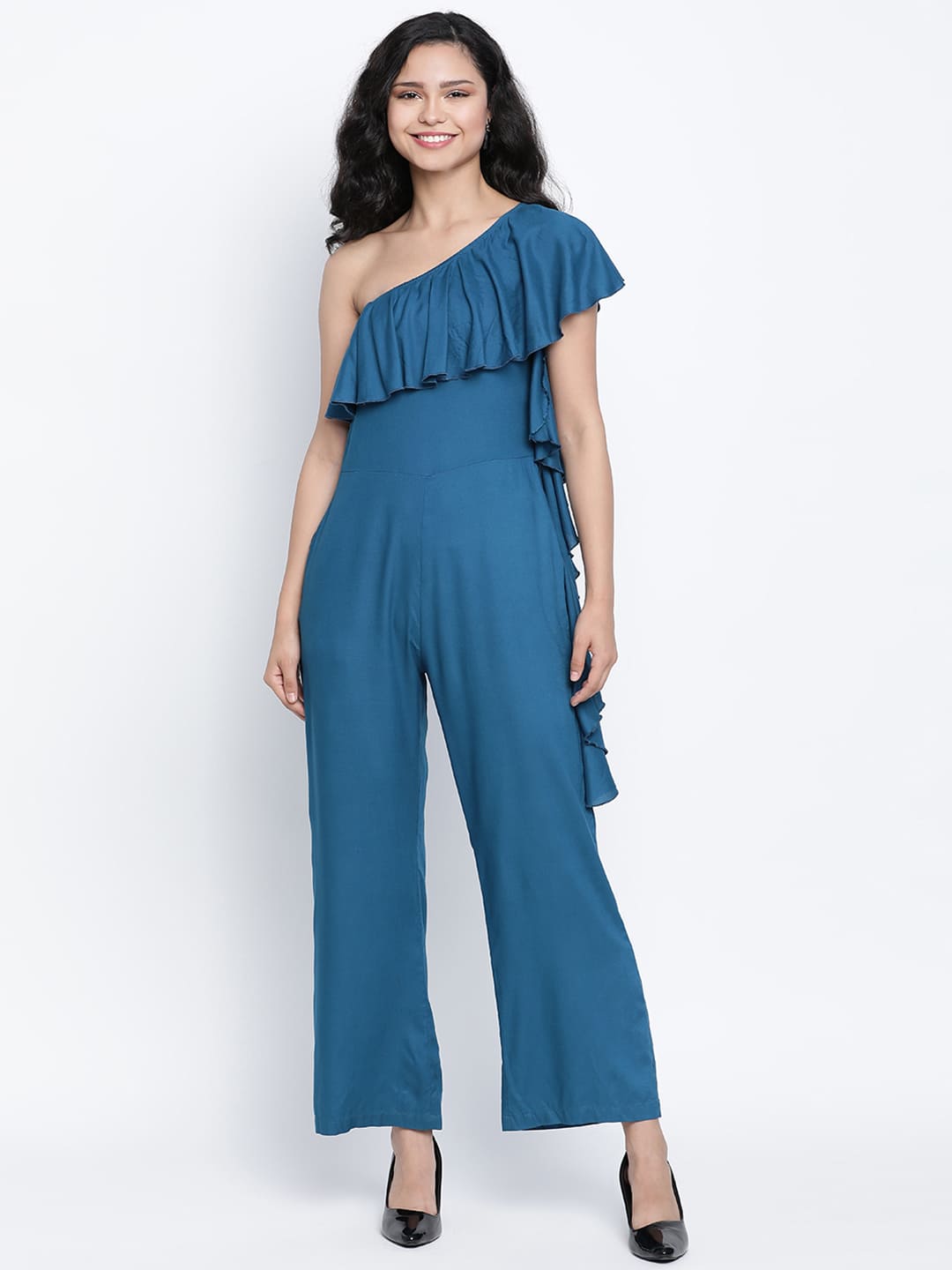 Ankle Length,Blue Jumpsuit,Ankle Length Jumpsuit,Cold Shoulder Jumpsuit,Sleeveless Jumpsuit,Blue Solid Jumpsuit