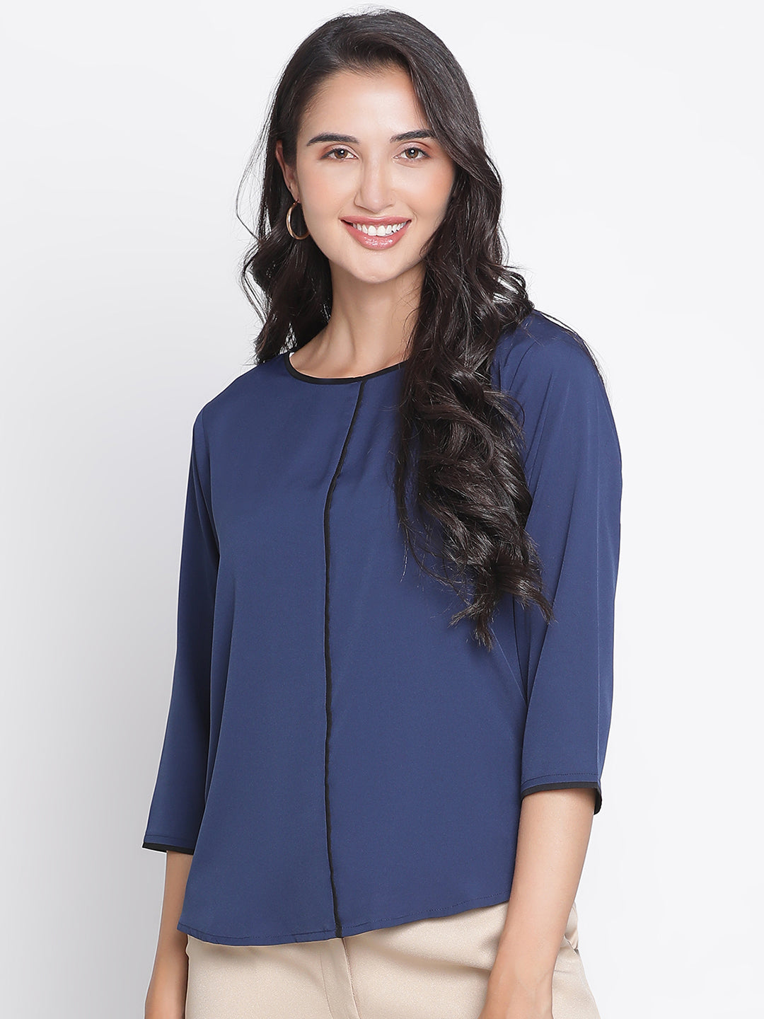 Regular,Blue Top,Regular Top,Round Neck Top,Quater Sleeves Top,Blue Solid Top