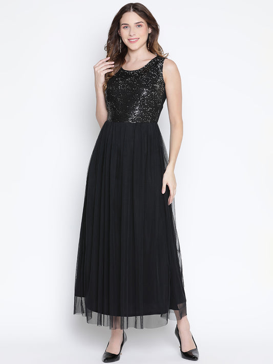 Maxi,Black Dress,Maxi Dress,Round Neck Dress,Sleeveless Dress,Black Sequined Dress